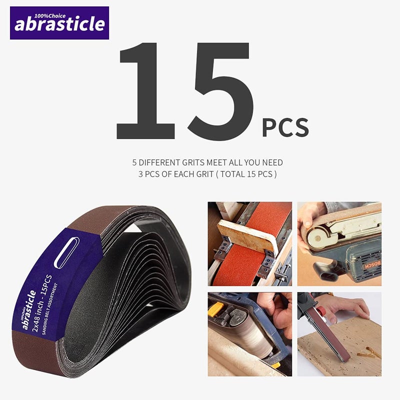 abrasticle 15 Pcs 2 x 48 Inch Assorted Aluminum Oxide Sanding Belt - 80/120/150/240/400 Grit - Image 3